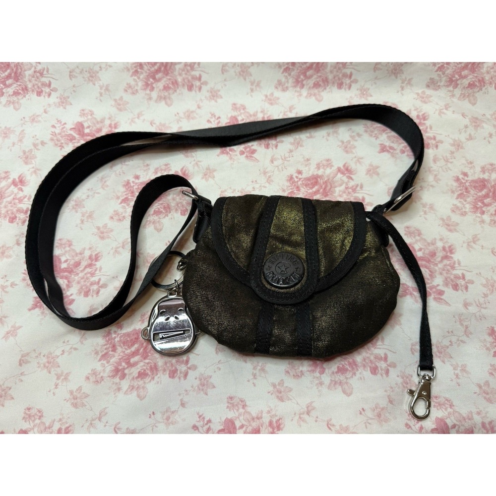 Kipling Metallic Gold Black Mini Crossbody Purse Bag Keychain Charm 5x6
